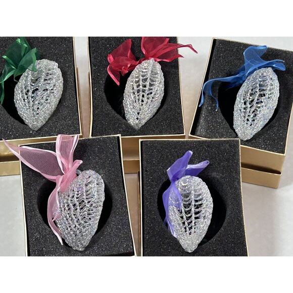 Set 5 Handblown Spun Iridescent Glass Heart Ornament w Ribbon Bows 3" Holiday - Picture 3 of 10
